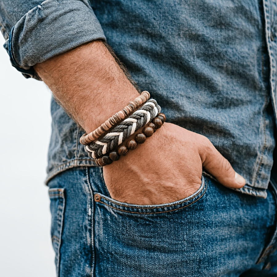 3pc Vintage Braided Rope Bracelet Set for Men, Black Wooden Beads